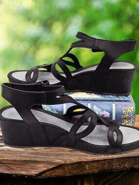 BareTraps Raeanne Black Wedge Sandals Womens 8.5M Comfort Cushioned Casual Shoes